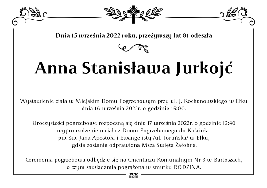 Anna Stanisława Jurkojć - nekrolog